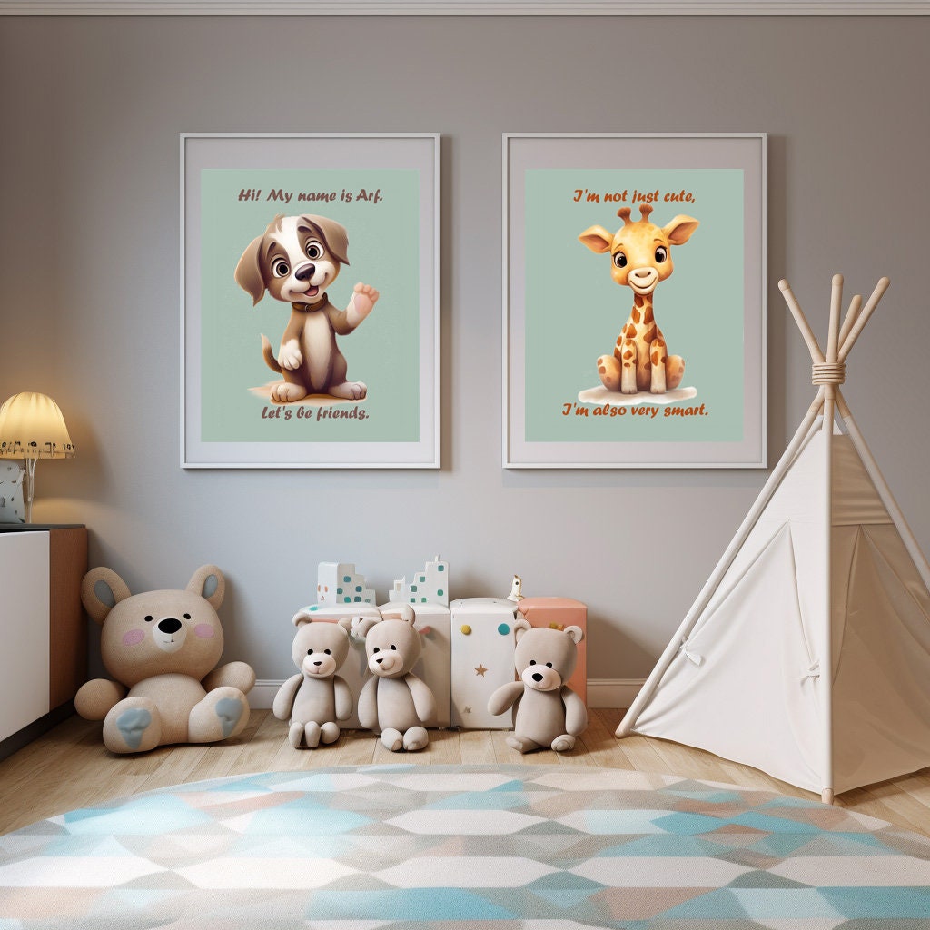 Collection includes digital files for printing , framing, and placing on the walls of your child’s room. You can choose from a variety of adorable themes, such as animals, objects, nature - a sleeping bear, a laughing rose, a crying cloud and more.